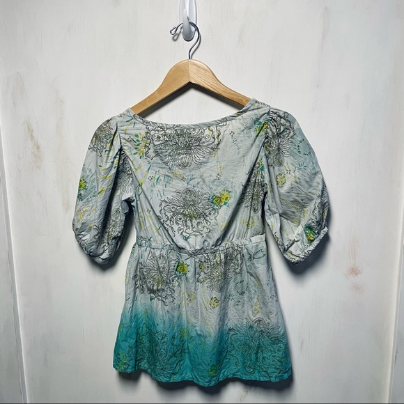 Gramicci Boho Empire Blouse Turquoise Ombre Floral Print Eyelet - Picture 3 of 6